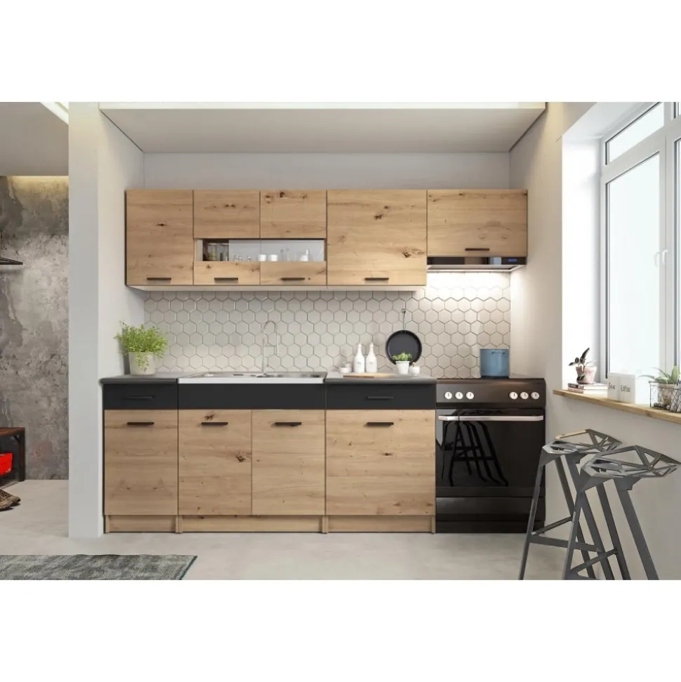 Alina komplett kök 240 cm - Artisan ek/mattsvart/mörkgrå