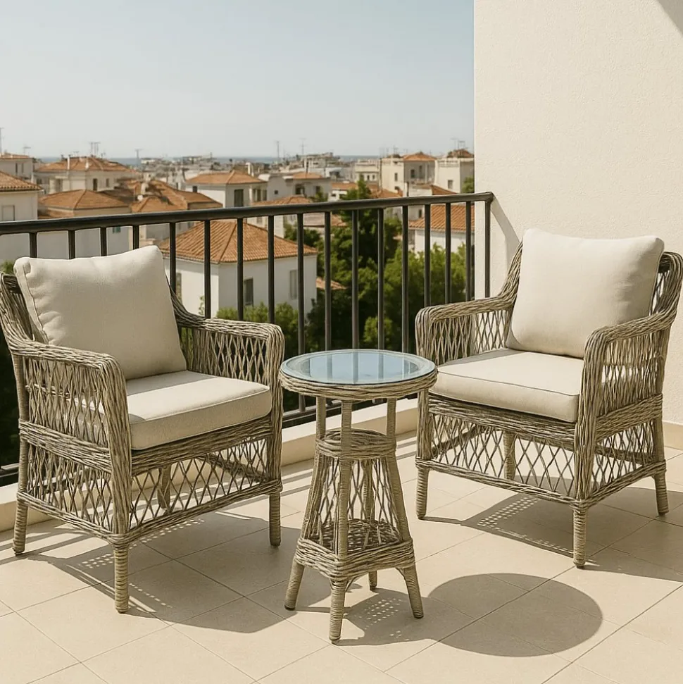 Balkongset 2 st fåtöljer med sidobord + Textilskydd för utemöbler