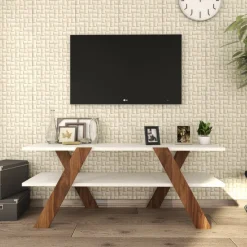 Basic TV-bänk - Vit/valnöt