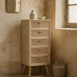 Byrå i rotting med 5 lådor - React + Textilrengöring för möbler