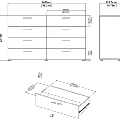Byrå i valnöt med 8 lådor 140 cm bred + Möbeltassar