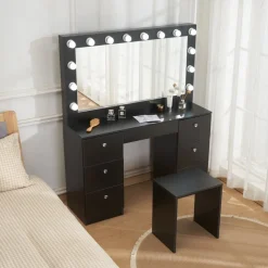 Caija svart sminkbord med belysning och kristall handtag