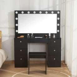 Caija svart sminkbord med belysning och kristall handtag