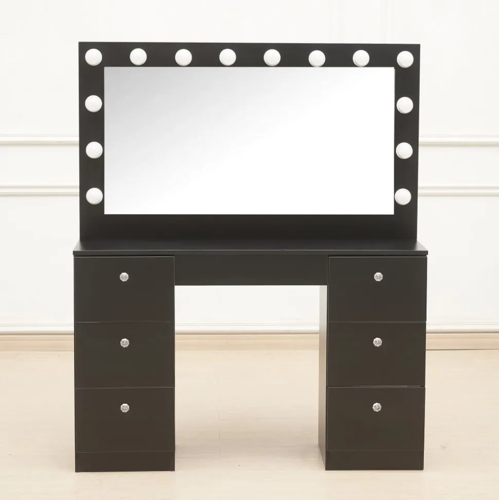 Caija svart sminkbord med belysning och kristall handtag