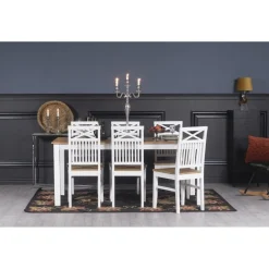 Dalarös matgrupp 180 cm bord vit/ek med 6 st stolar kryss i ryggen + 6.00 x Stolsdyna