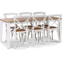 Dalarös matgrupp 180 cm bord vit/ek + 6 st vita Gaston matstolar + 4.00 x Möbeltassar