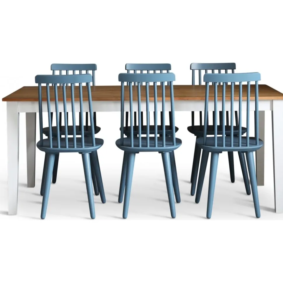 Dalsland matgrupp: Matbord i Ek / vit med 6 st duvblå Pinnstolar + 4.00 x Möbeltassar