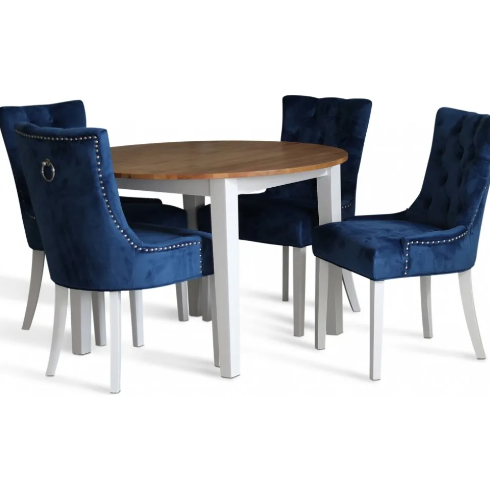 Dalsland matgrupp: Runt bord i Ek / Vit med 4 st Blåa Tuva stolar + 3.00 x Möbeltassar