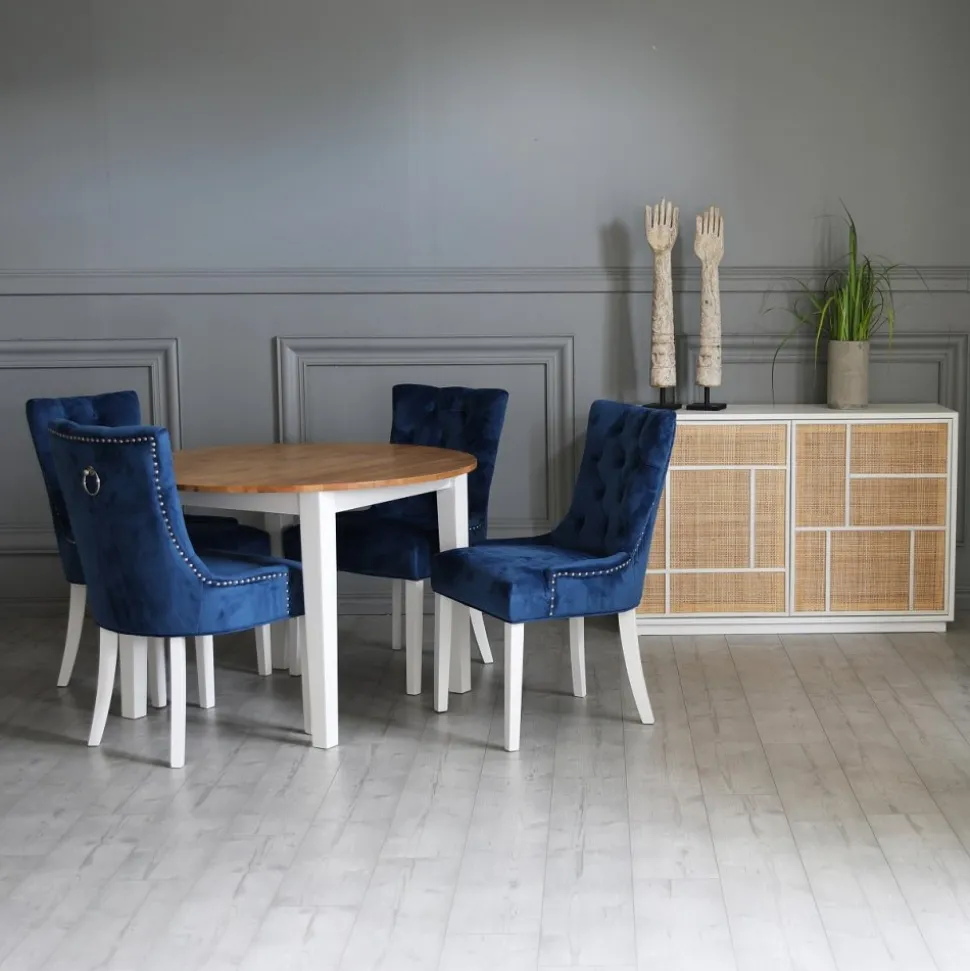 Dalsland matgrupp: Runt bord i Ek / Vit med 4 st Blåa Tuva stolar + 3.00 x Möbeltassar