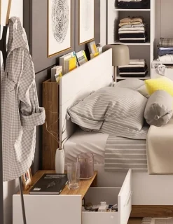 Dentro 140 x 200 cm säng med förvaring - Vit/stirling ek