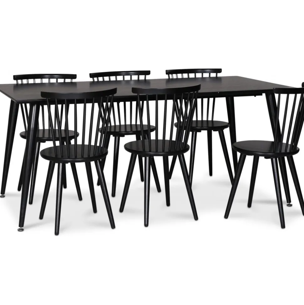 Dipp matgrupp; matbord 180x90 cm med 6 st svarta Castor pinnstolar + 4.00 x Möbeltassar