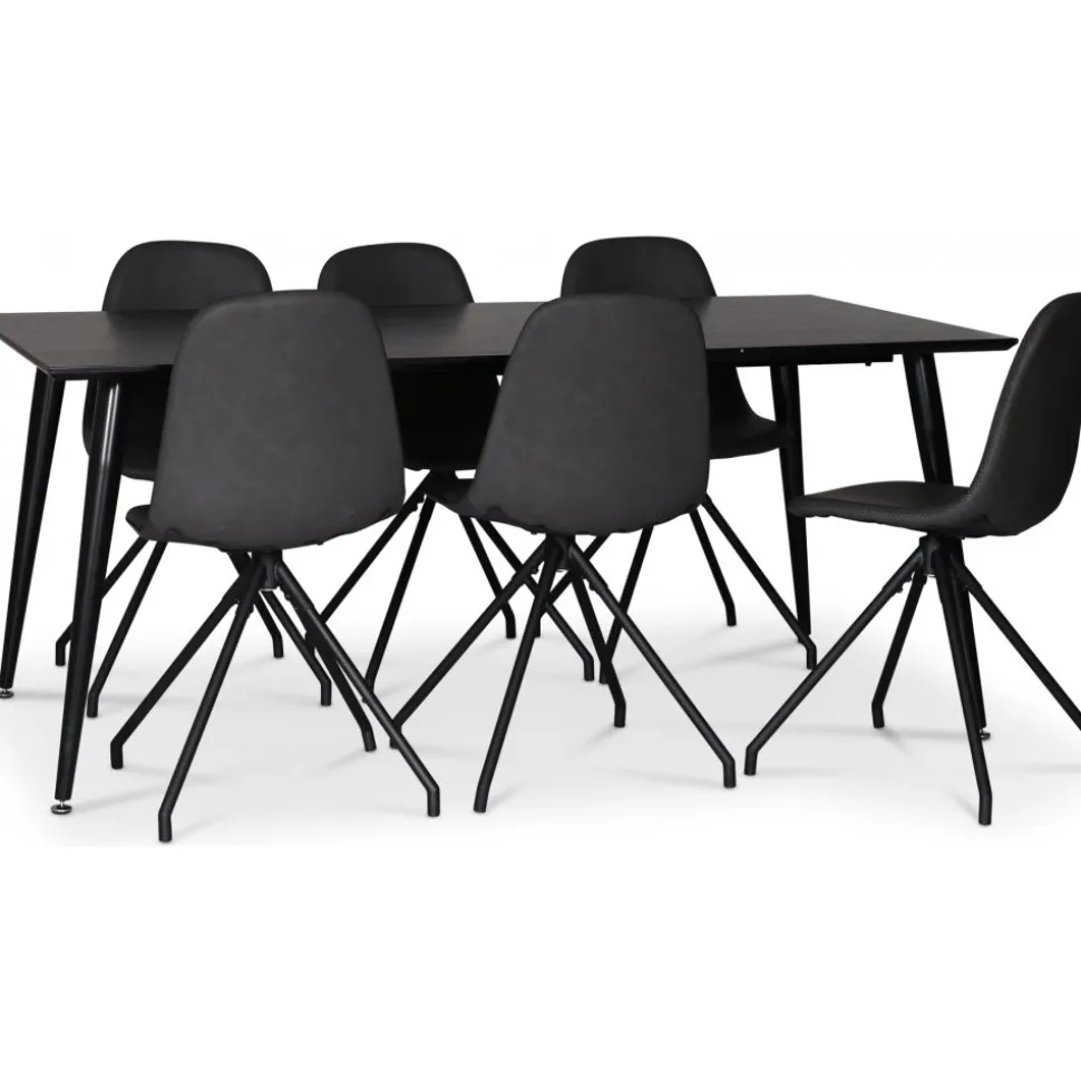 Dipp matgrupp; matbord 180x90 cm med 6 st svarta Bridge snurrbara matstolar