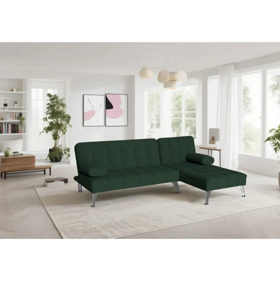 Divansoffa i grön sammet med bäddfunktion