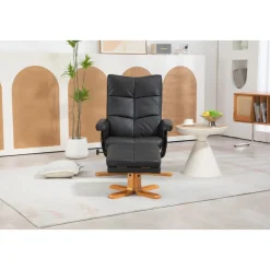 Duva reclinerfåtölj med fotpall i svart PU med bruna ben + Textilrengöring för möbler