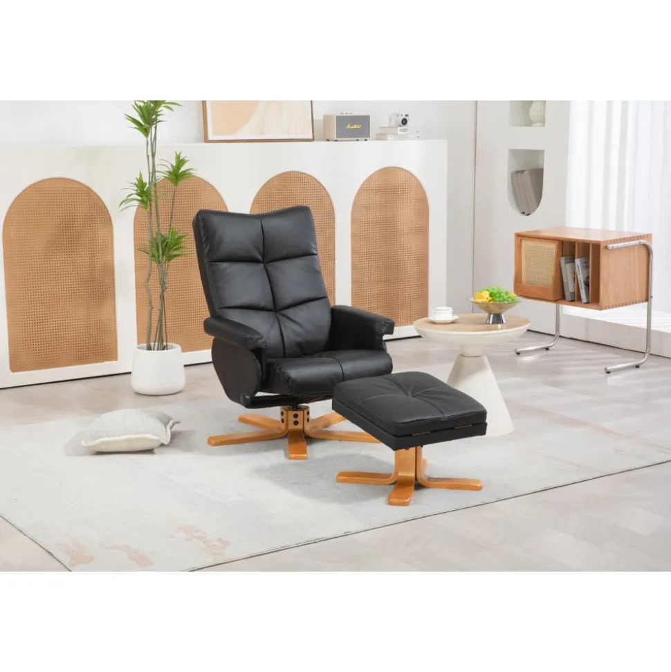 Duva reclinerfåtölj med fotpall i svart PU med bruna ben + Textilrengöring för möbler