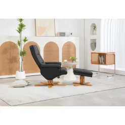 Duva reclinerfåtölj med fotpall i svart PU med bruna ben + Textilrengöring för möbler