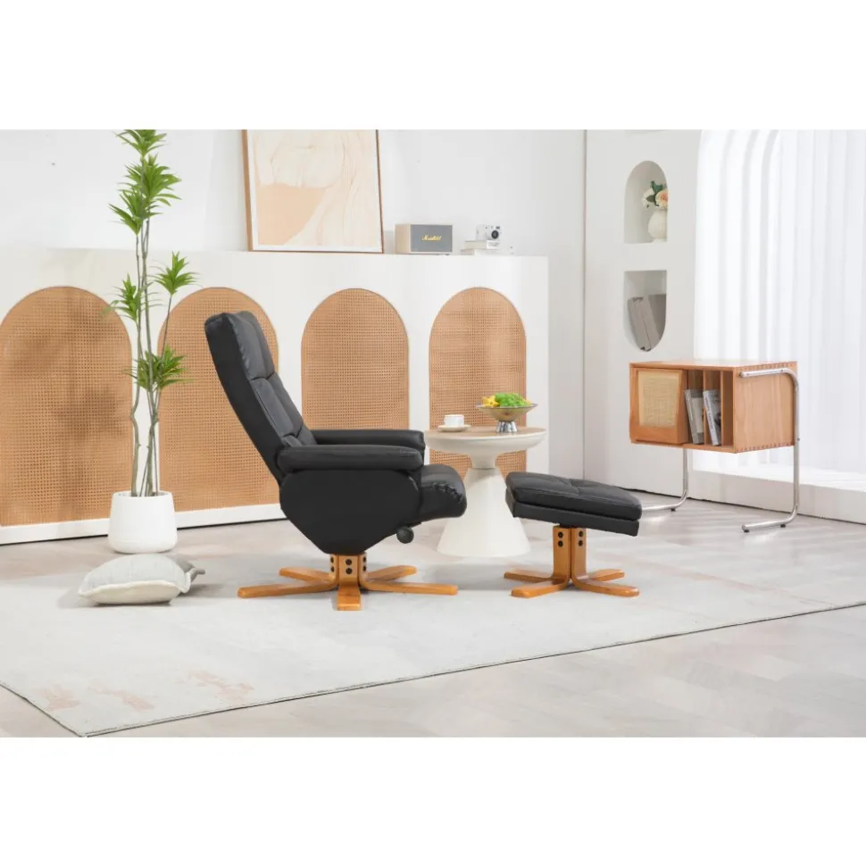 Duva reclinerfåtölj med fotpall i svart PU med bruna ben + Textilrengöring för möbler