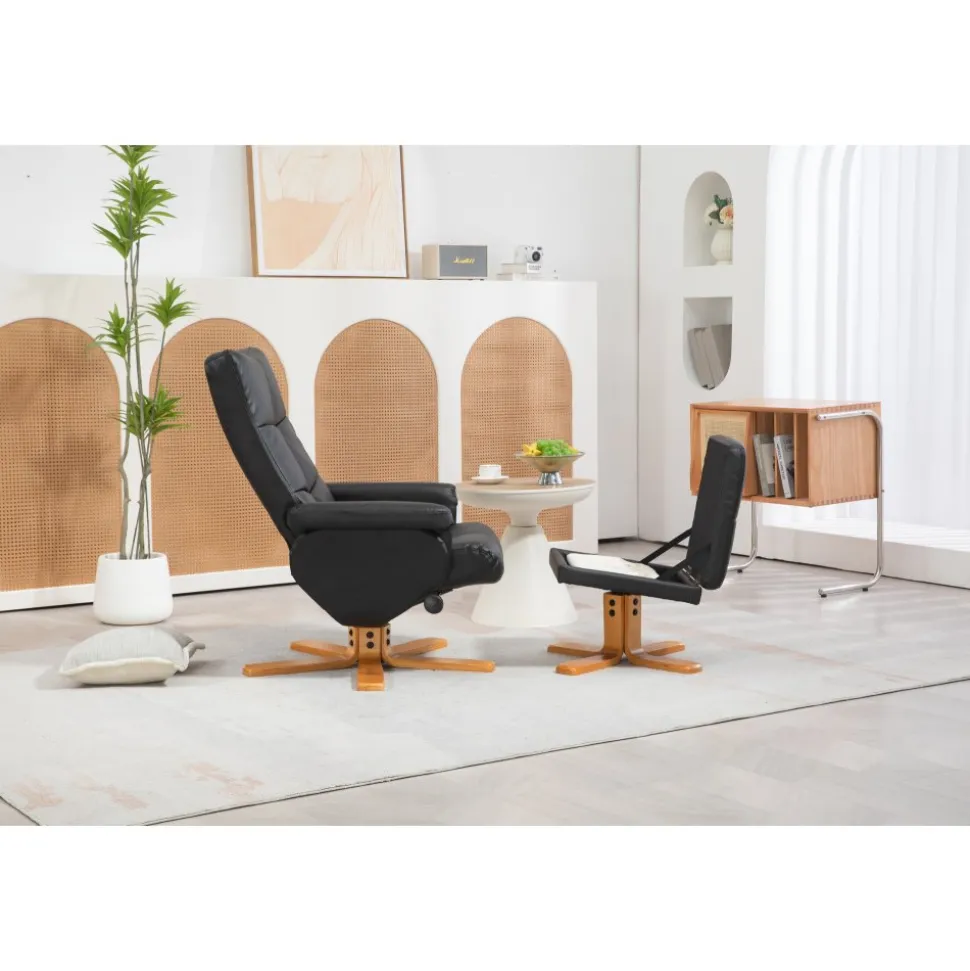 Duva reclinerfåtölj med fotpall i svart PU med bruna ben + Textilrengöring för möbler