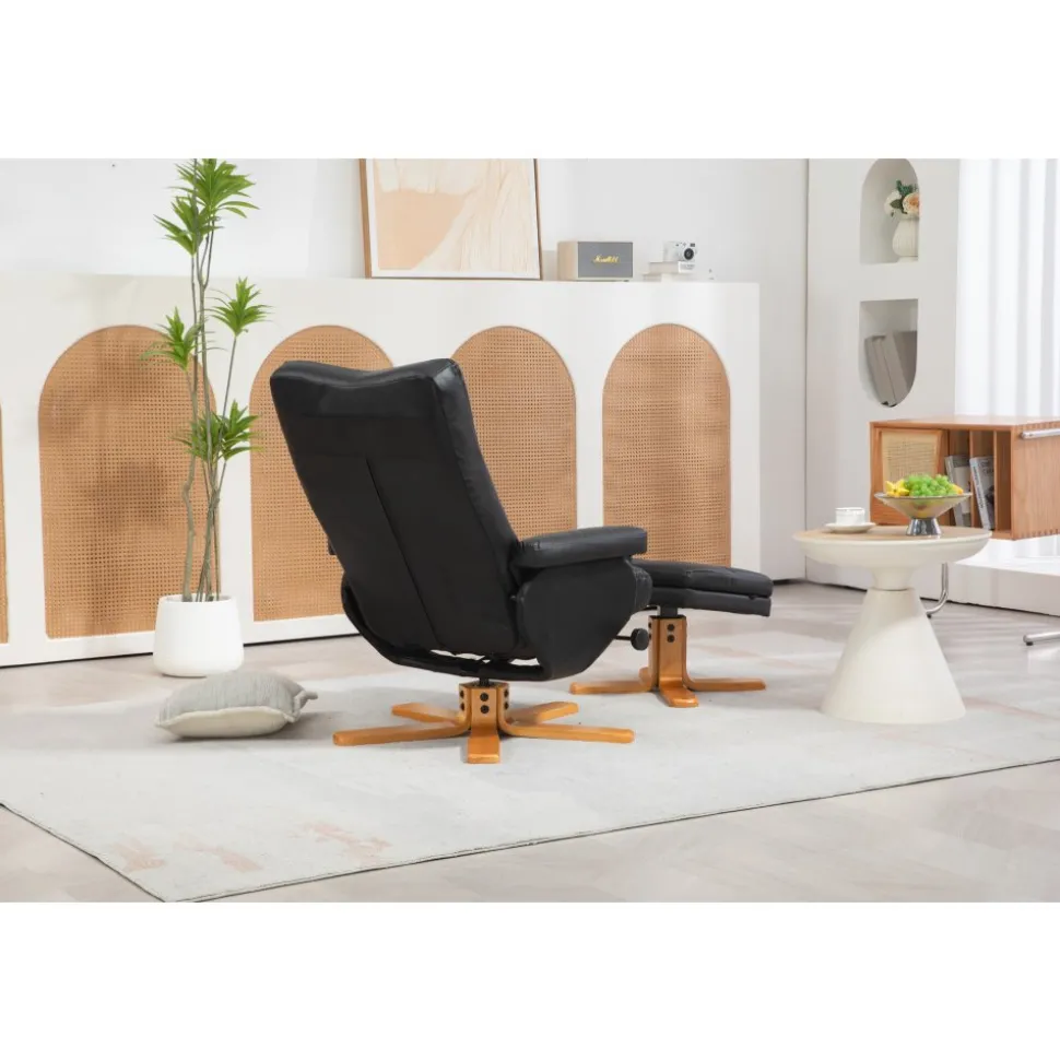 Duva reclinerfåtölj med fotpall i svart PU med bruna ben + Textilrengöring för möbler