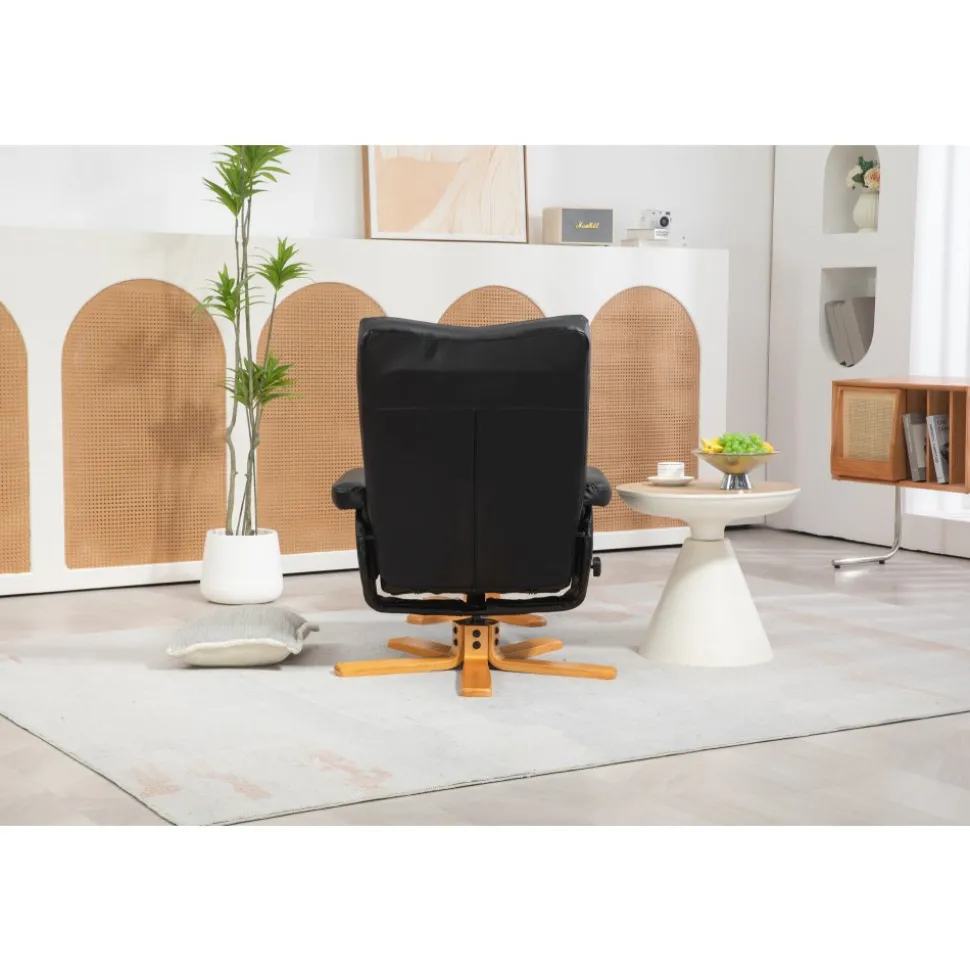 Duva reclinerfåtölj med fotpall i svart PU med bruna ben + Textilrengöring för möbler