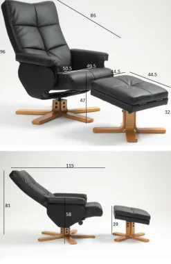 Duva reclinerfåtölj med fotpall i svart PU med bruna ben + Möbeltassar