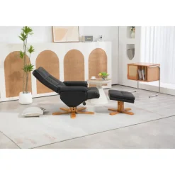 Duva reclinerfåtölj med fotpall i svart PU med bruna ben