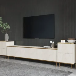 Emo TV-bänk - Travertin/guld