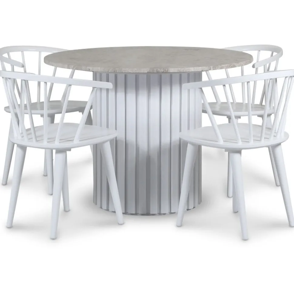 Empire matgrupp Ø105 cm inkl. 4 st Dalsland vita stolar - Silver Diana marmor / Vit lamell träfot + 3.00 x Möbeltassar
