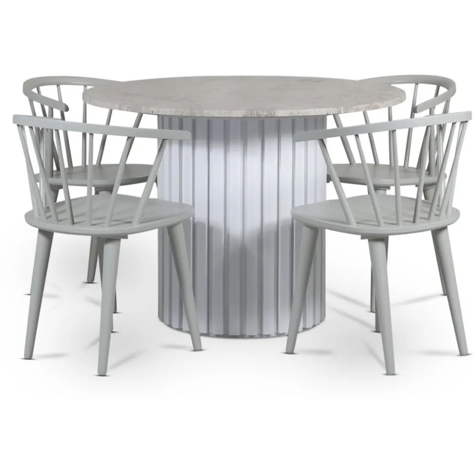 Empire matgrupp Ø105 cm inkl. 4 st Dalsland grå stolar - Silver Diana marmor / Vit lamell träfot