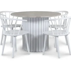 Empire matgrupp Ø105 cm inkl. 4 st Dalsland vita stolar - Silver Diana marmor / Vit lamell träfot