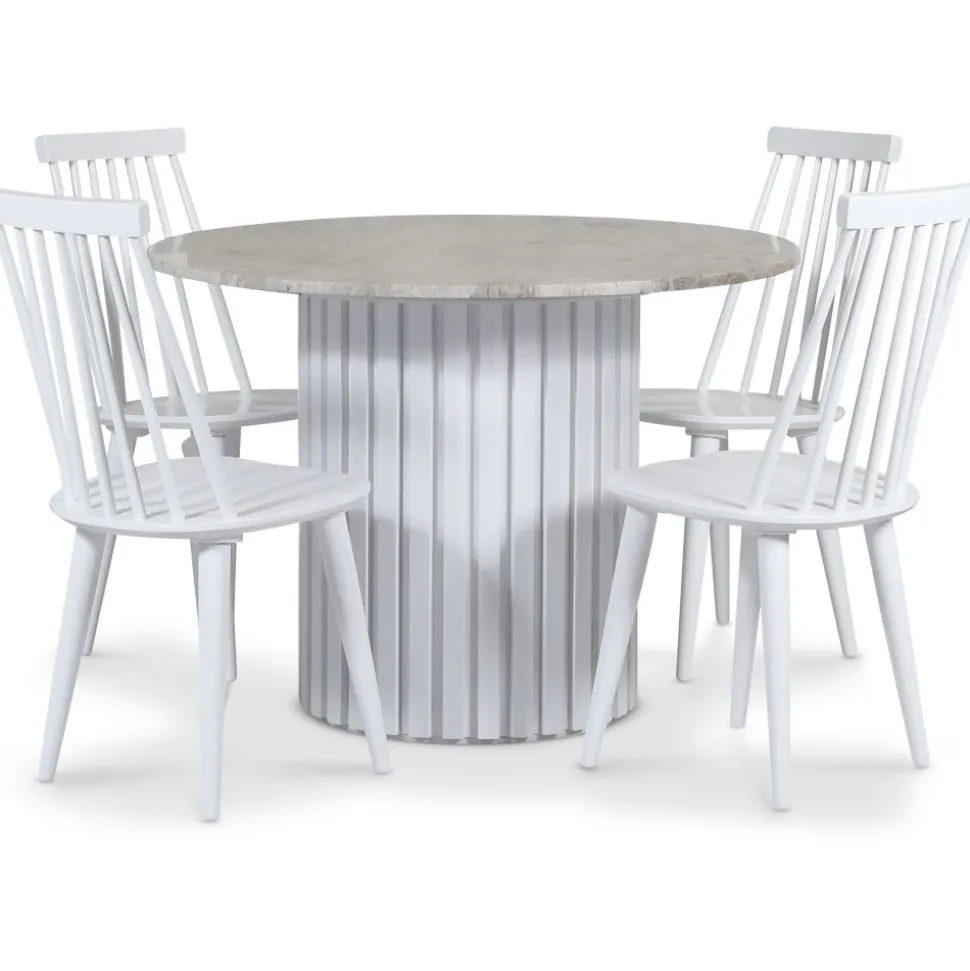 Empire matgrupp Ø105 cm inkl. 4 st Dalsland vita pinnstolar - Silver Diana marmor / Vit lamell träfot