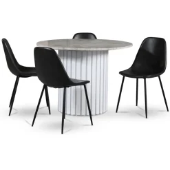 Empire matgrupp Ø105 cm inkl. 4 st Bjurträsk svarta stolar - Silver Diana marmor / Vit lamell träfot + 4.00 x Stolsdyna
