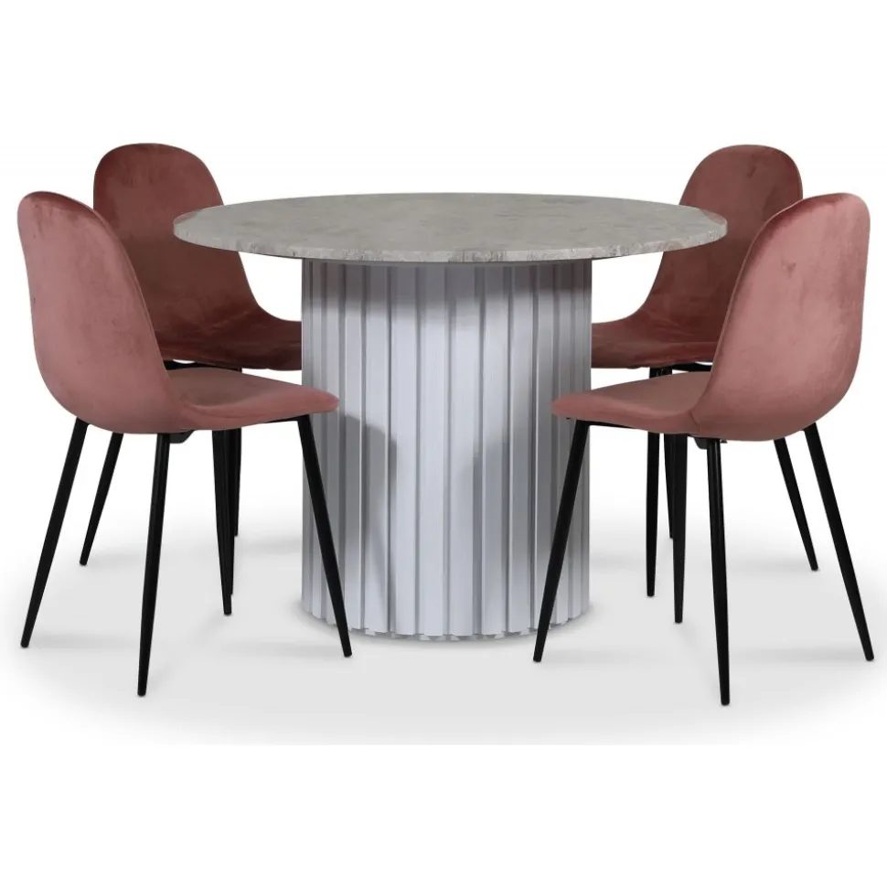 Empire matgrupp Ø105 cm inkl. 4 st Carisma rosa stolar - Silver Diana marmor / Vit lamell träfot + 3.00 x Möbeltassar