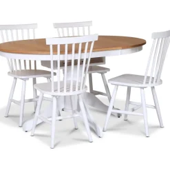 Fitchburg matgrupp; runt matbord 106 /141 cm - Vit / oljad ek med 4 st vita Karl Pinnstolar