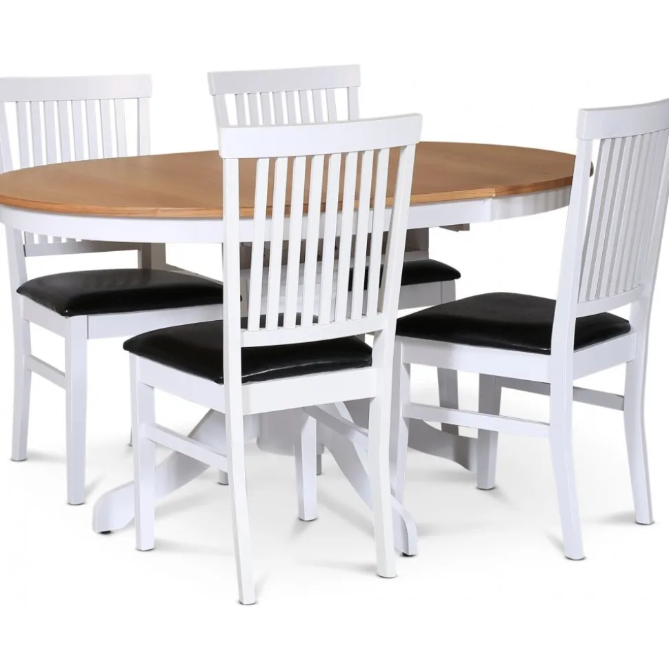 Fitchburg matgrupp; runt matbord 106 /141 cm - Vit / oljad ek med 4 st Fårö stolar med sits i svart PU + 3.00 x Möbeltassar