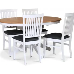 Fitchburg matgrupp; runt matbord 106 /141 cm - Vit / oljad ek med 4 st Fårö stolar med sits i grått tyg + 4.00 x Stolsdyna