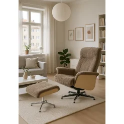 Fårskinnsfåtölj med fotpall - Brun / ek - Ulla