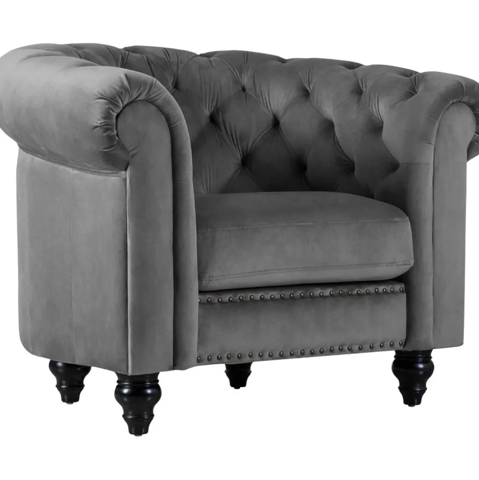 Fåtölj chesterfield grå sammet Royal + Textilrengöring för möbler