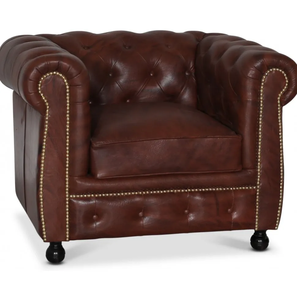 Fåtölj chesterfield i brunt antikbehandlat läder + Textilrengöring för möbler