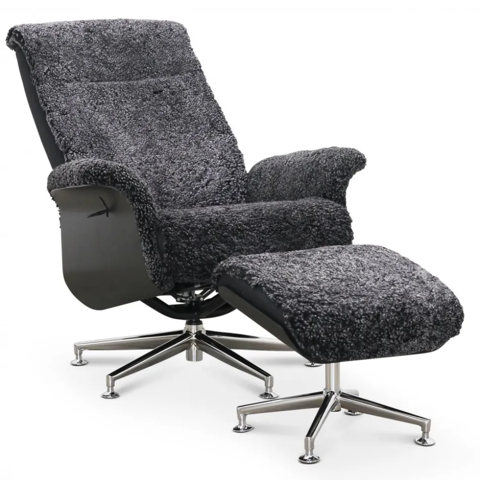 Fåtölj med fotpall fårskinn mörkgrå/svart - Ulla + Fläckborttagare för möbler