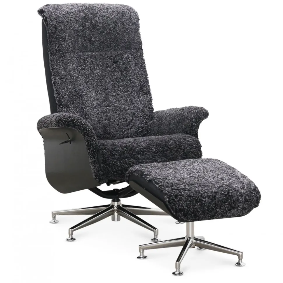 Fåtölj med fotpall fårskinn mörkgrå/svart - Ulla