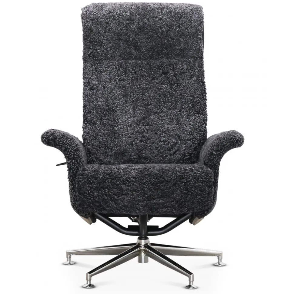 Fåtölj med fotpall fårskinn mörkgrå/svart - Ulla