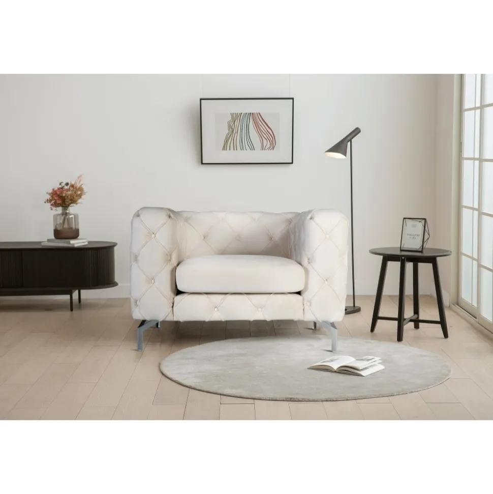 Fåtölj med knappar beige sammet