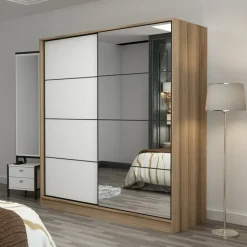 Garderob med spegeldörr, 220x52x210 cm - Brun/vit