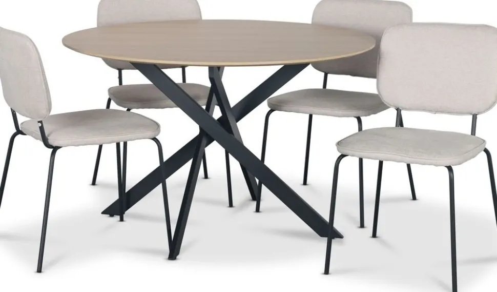 Hogrän matgrupp Ø120 cm bord i ljust trä + 4 st Lokrume beige stolar + 3.00 x Möbeltassar