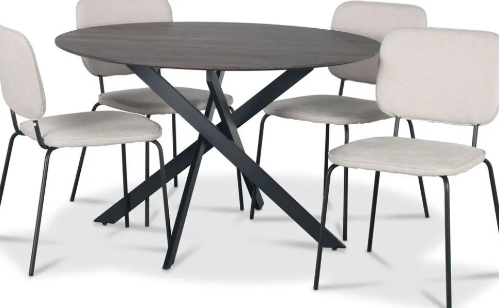 Hogrän matgrupp Ø120 cm bord i mörkt trä + 4 st Lokrume beige stolar + 4.00 x Stolsdyna
