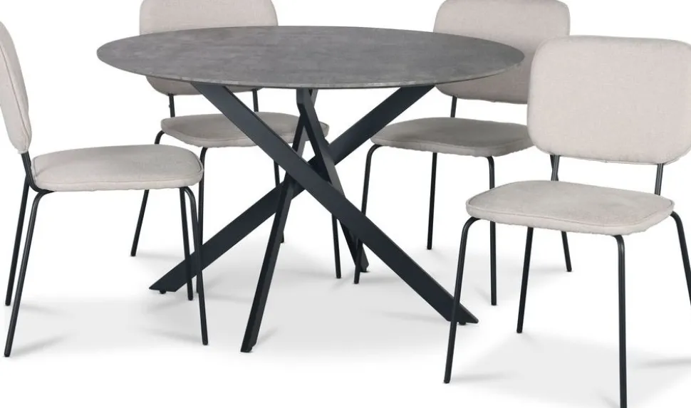 Hogrän matgrupp Ø120 cm bord i betongimitation + 4 st Lokrume beige stolar + 3.00 x Möbeltassar