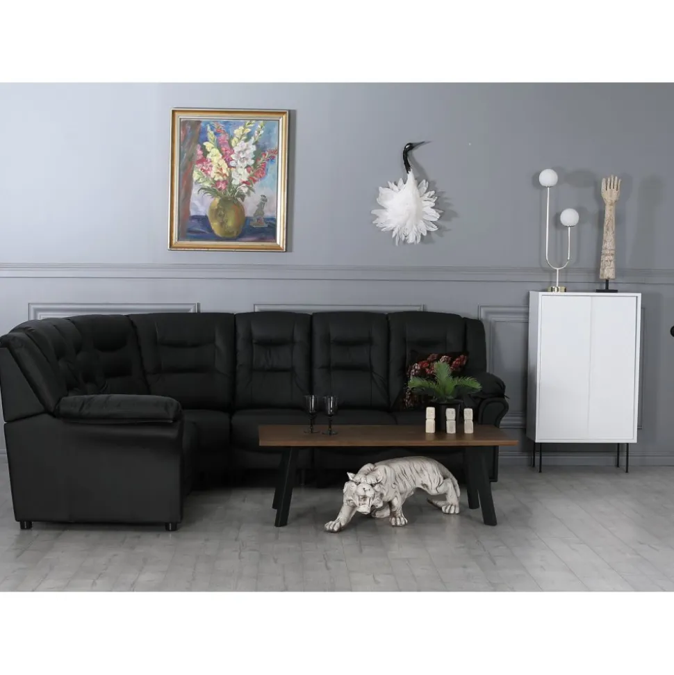 Hörnsoffa svart konstläder 5-sits - Peking + Textilrengöring för möbler