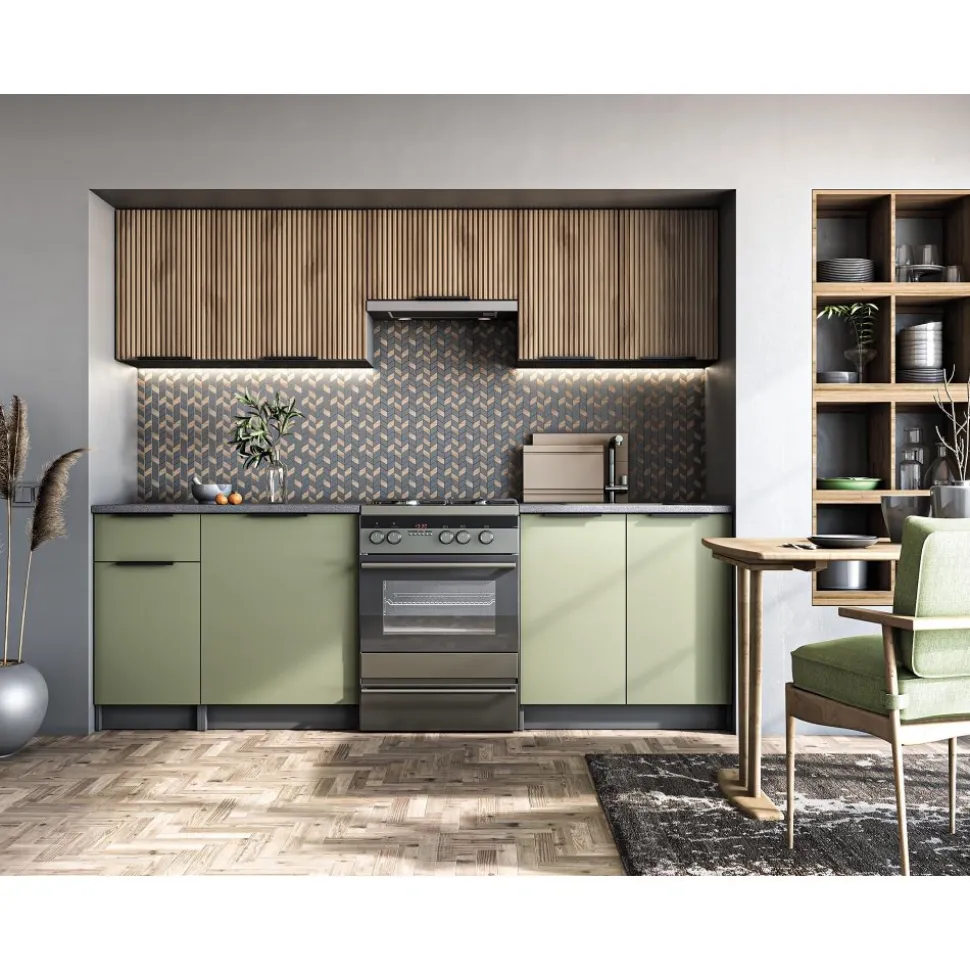 Ksenia komplett kök 240 cm - Ljus valnöt/pistasch/antracit/grå