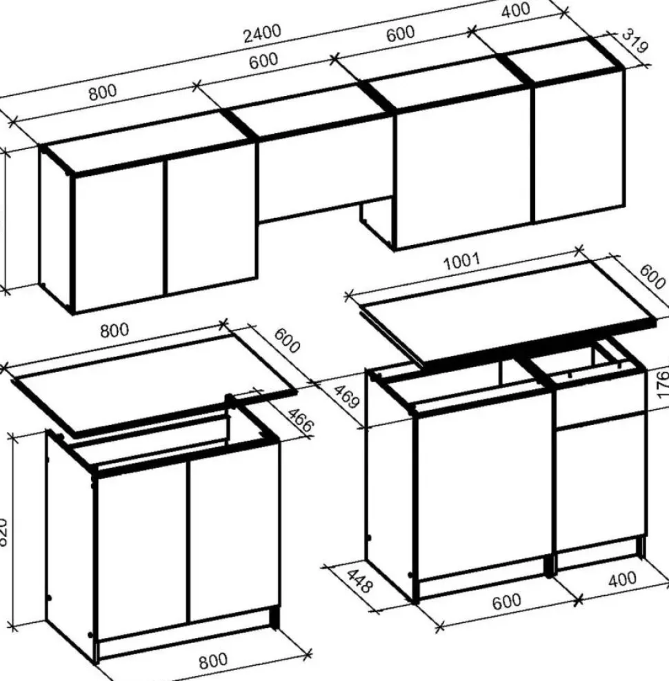 Ksenia komplett kök 240 cm - Ljus valnöt/pistasch/antracit/grå